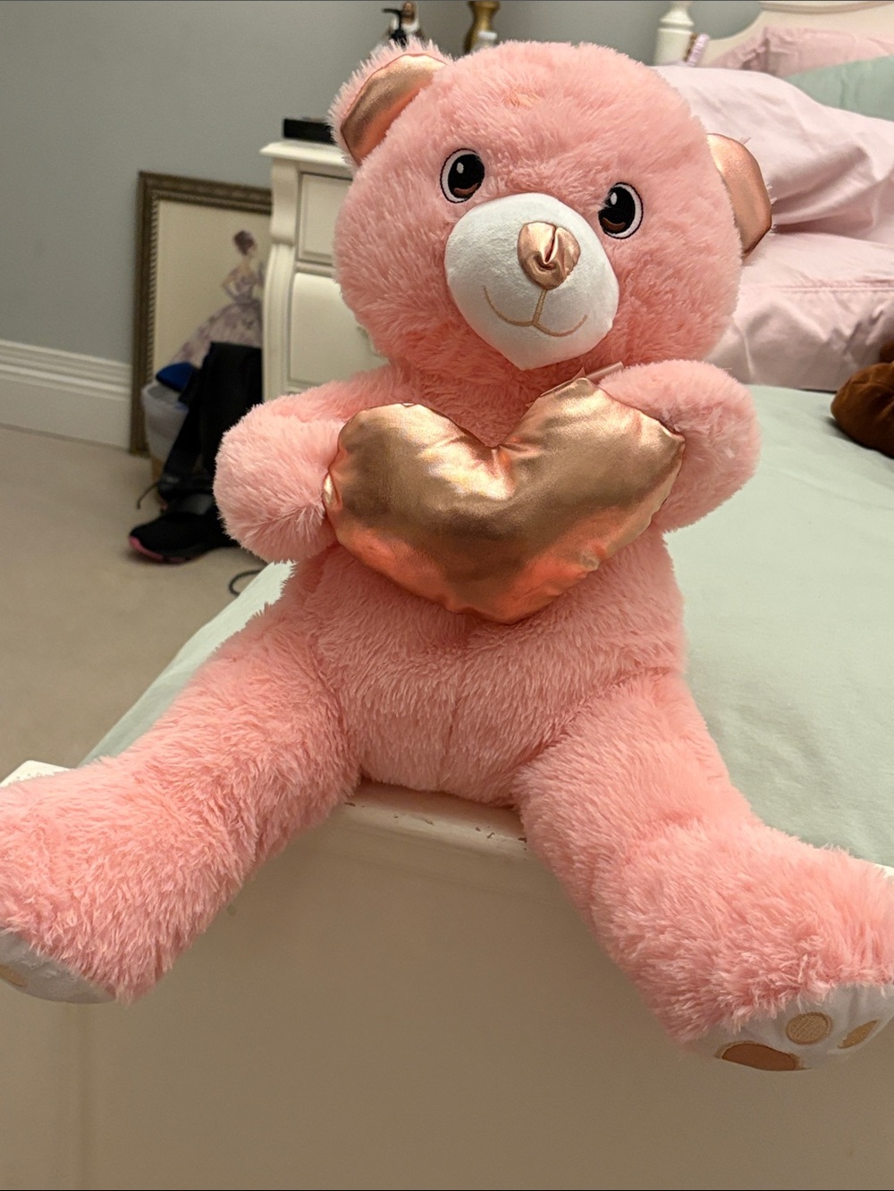 Pink Plush Teddy Bear with Metallic Heart